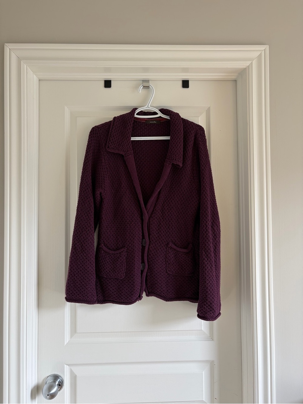 Button-Front Knit Cardigan Sweater in Deep Plum